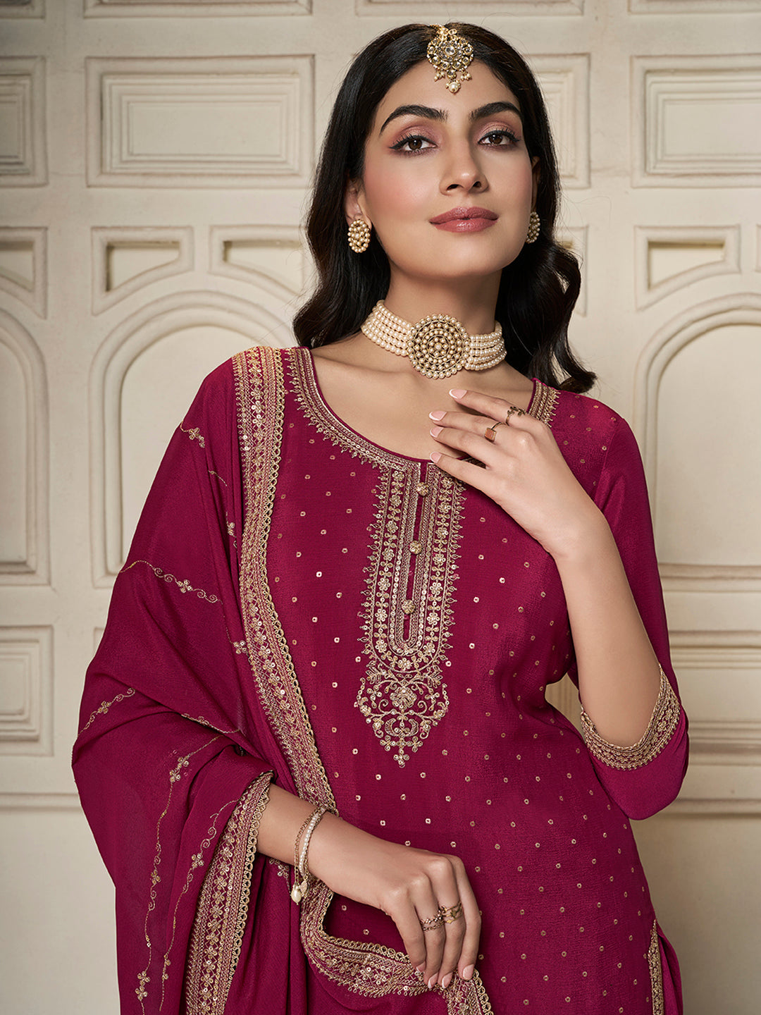 Deep wine Chinon sharara suit with sequins embroidery