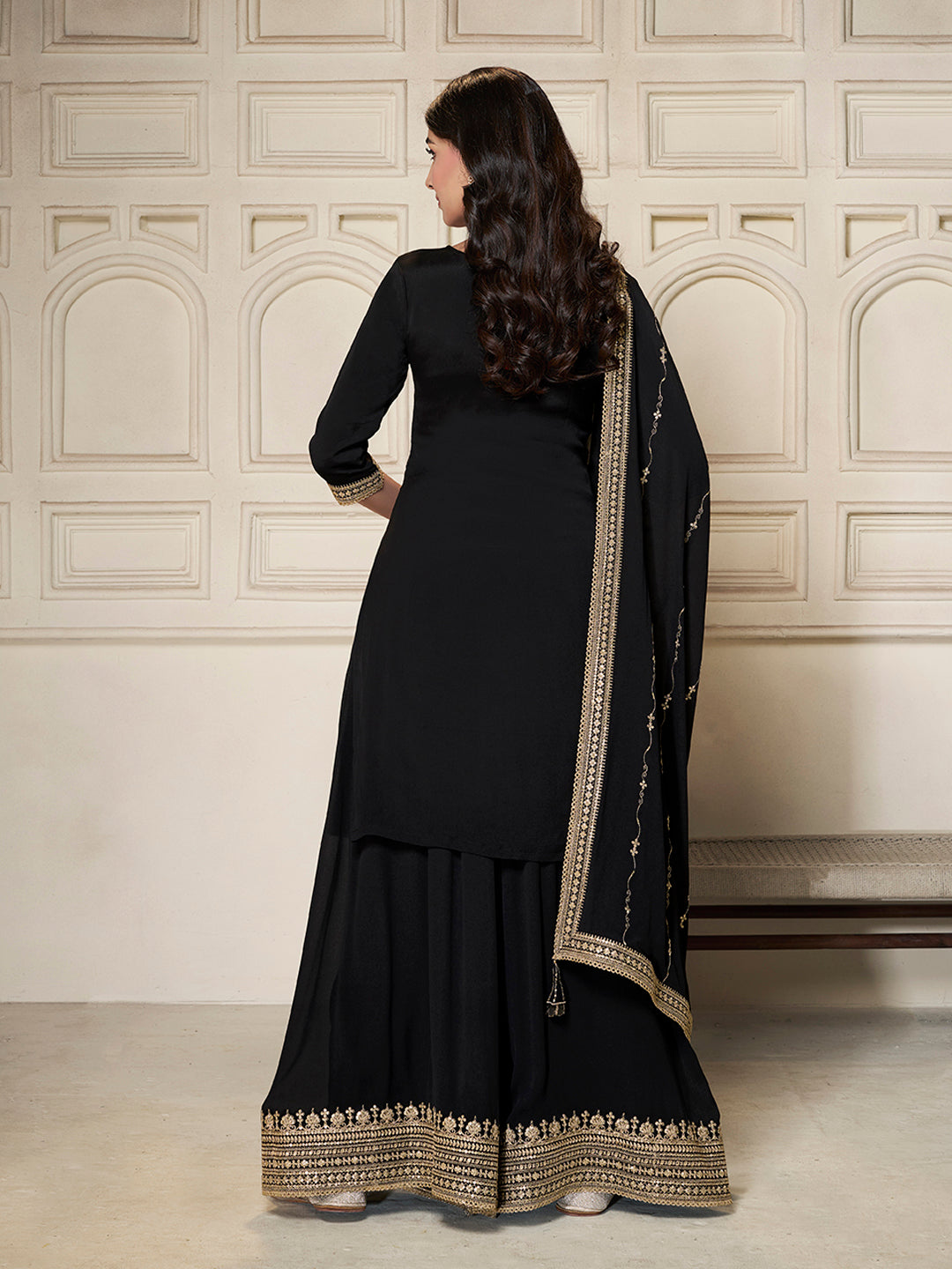 Elegant Black Embroidered Sharara Suit for Reception &amp; Celebrations