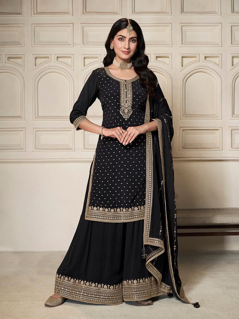 Black Chinon Sharara Suit with Golden Embroidery for Women