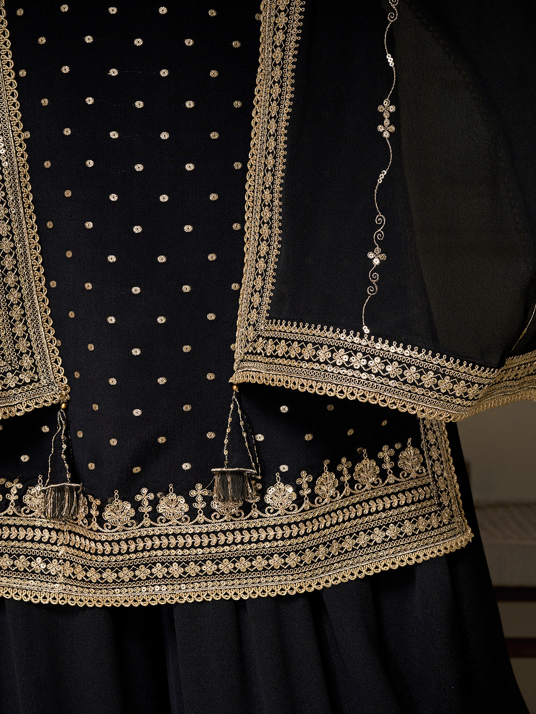 Black Chinon Sharara Suit with Heavy Gold Sequins Embroidery