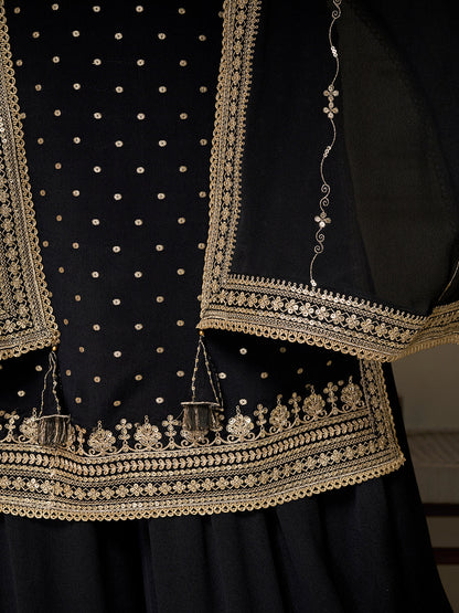 Black Chinon Sharara Suit with Heavy Gold Sequins Embroidery