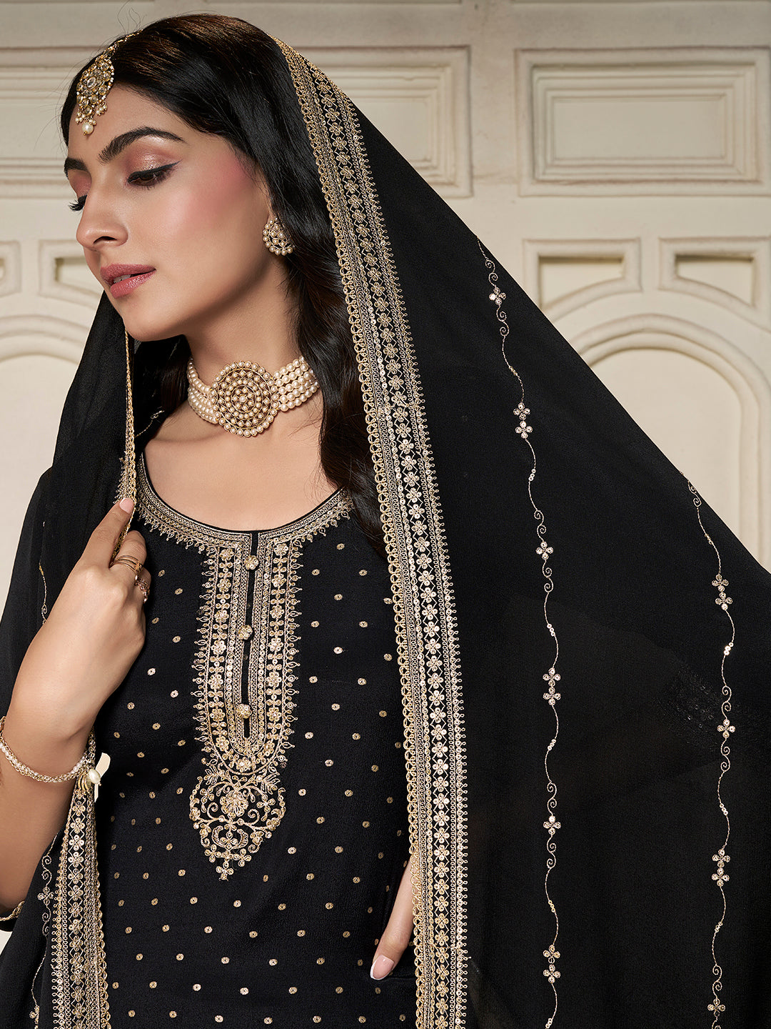 Black Chinon Sharara Suit with Golden Embroidery for Women