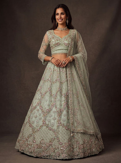 Sky Blue Pure Soft Heavy Double Net Crafted Fancy Chapat Zari Work Bridal Lehenga Choli