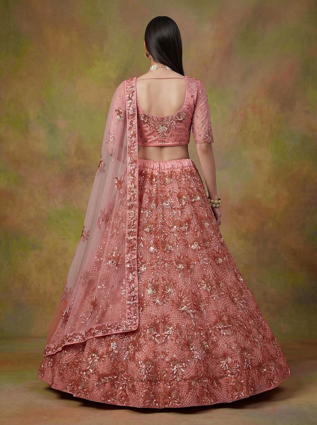 Peach Pink Pure Soft Heavy Net Sequins Embroidery Work Bridal Lehenga 