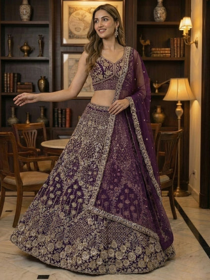 Indigo Pure Soft Net Heavy Embroidery Work Bridal Lehenga