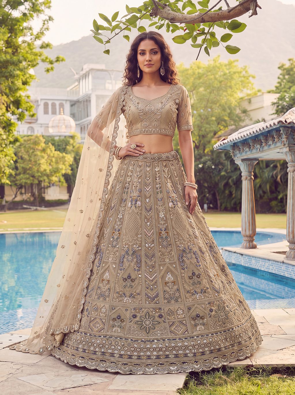 Golden Pure Soft Heavy Net Fancy Embroidery Work Bridal Lehenga Choli