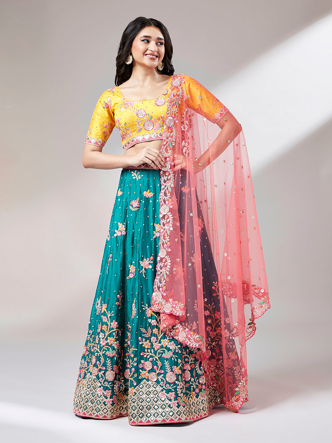 Teal Georgette Sequins Work Floral Lehenga &amp; Blouse with Pink Dupatta