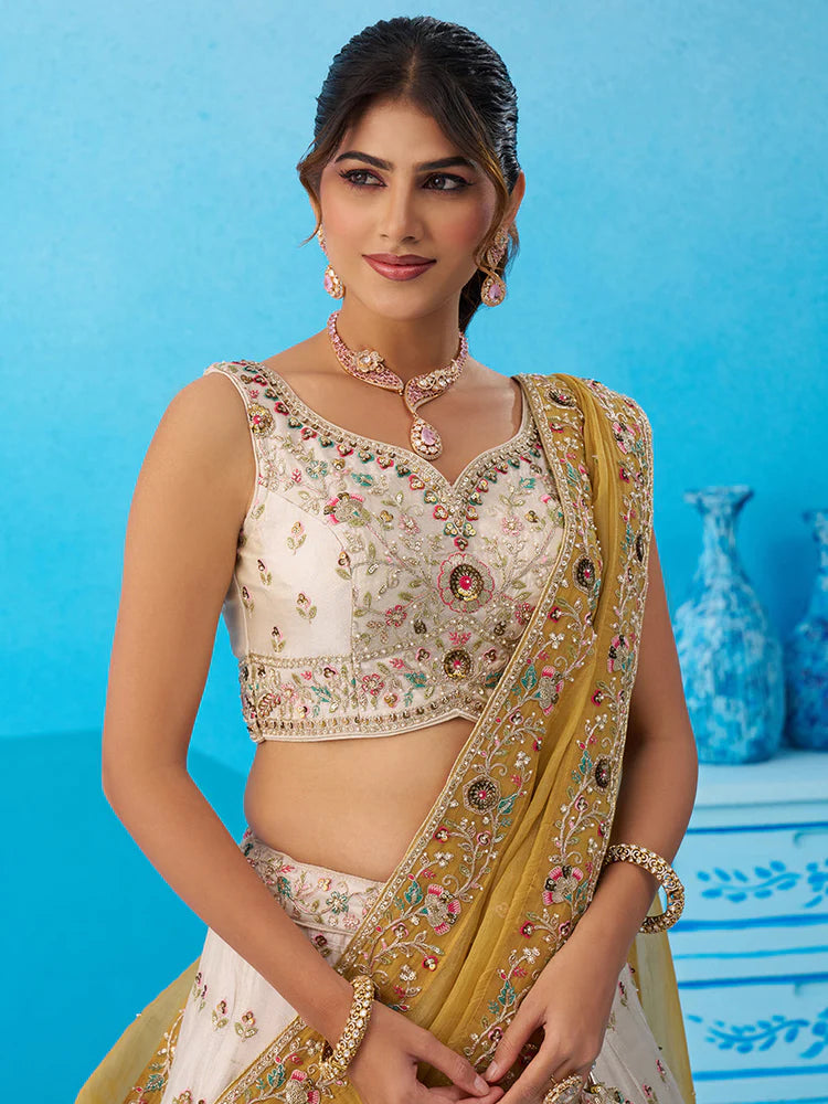 Cream Yellow Tissue Silk Sequins Embroidered Lehenga Choli with Dupatta 