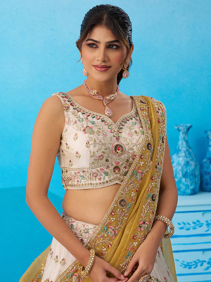 Cream Yellow Tissue Silk Sequins Embroidered Lehenga Choli with Dupatta 