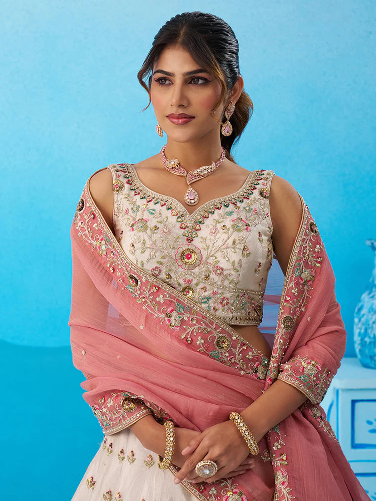 Cream Pink Tissue Silk Sequins Embroidered Lehenga Choli with Dupatta