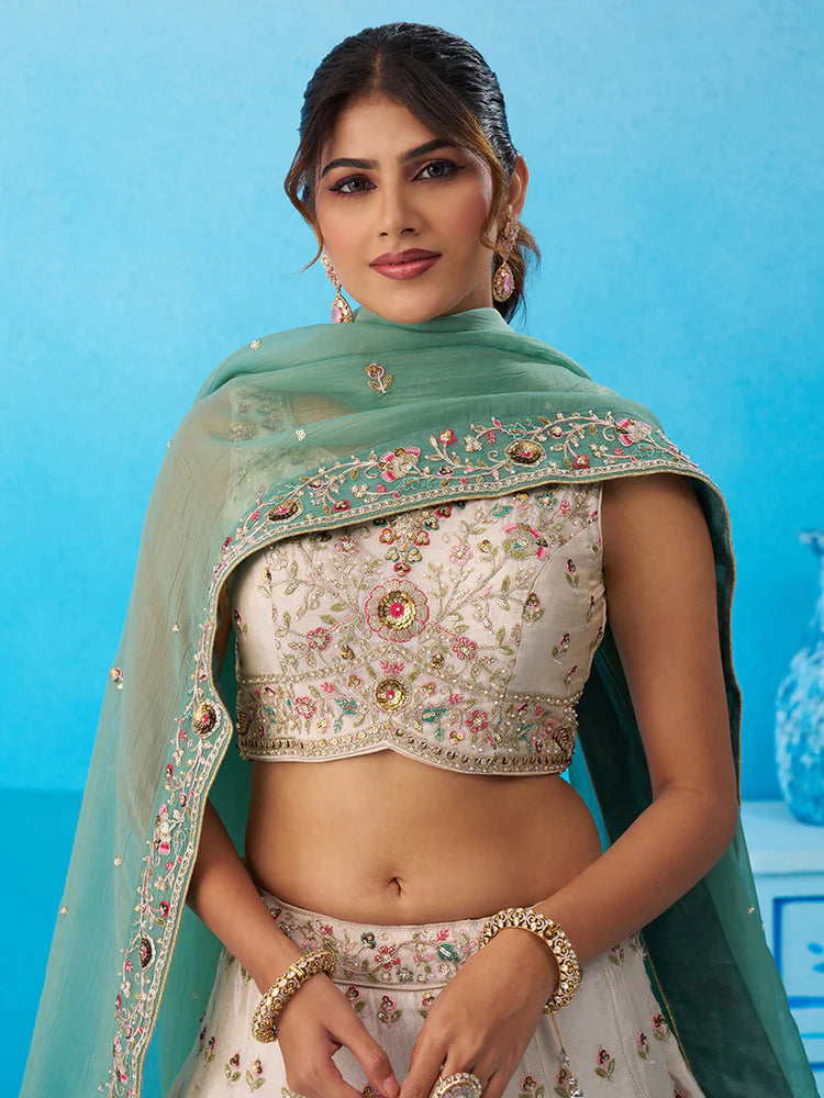 Cream Green Tissue Silk Sequins Embroidered Lehenga Choli with Dupatta