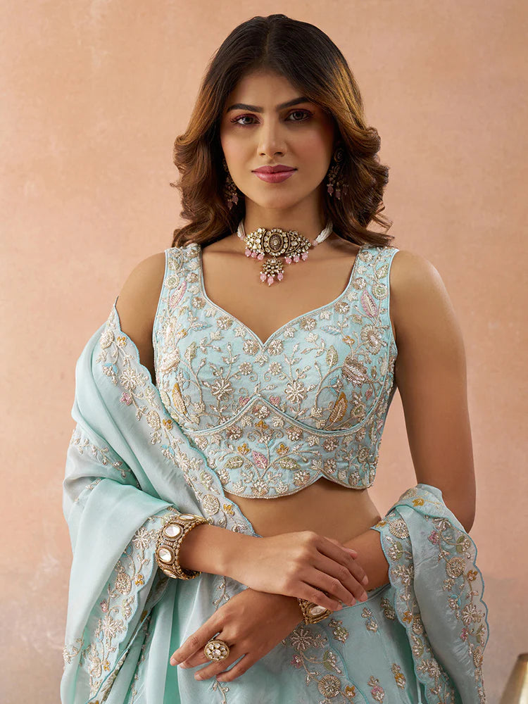 Sky Blue Tissue Silk Sequins Embroidered Lehenga Choli with Dupatta