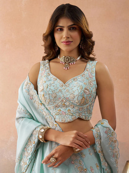 Sky Blue Tissue Silk Sequins Embroidered Lehenga Choli with Dupatta