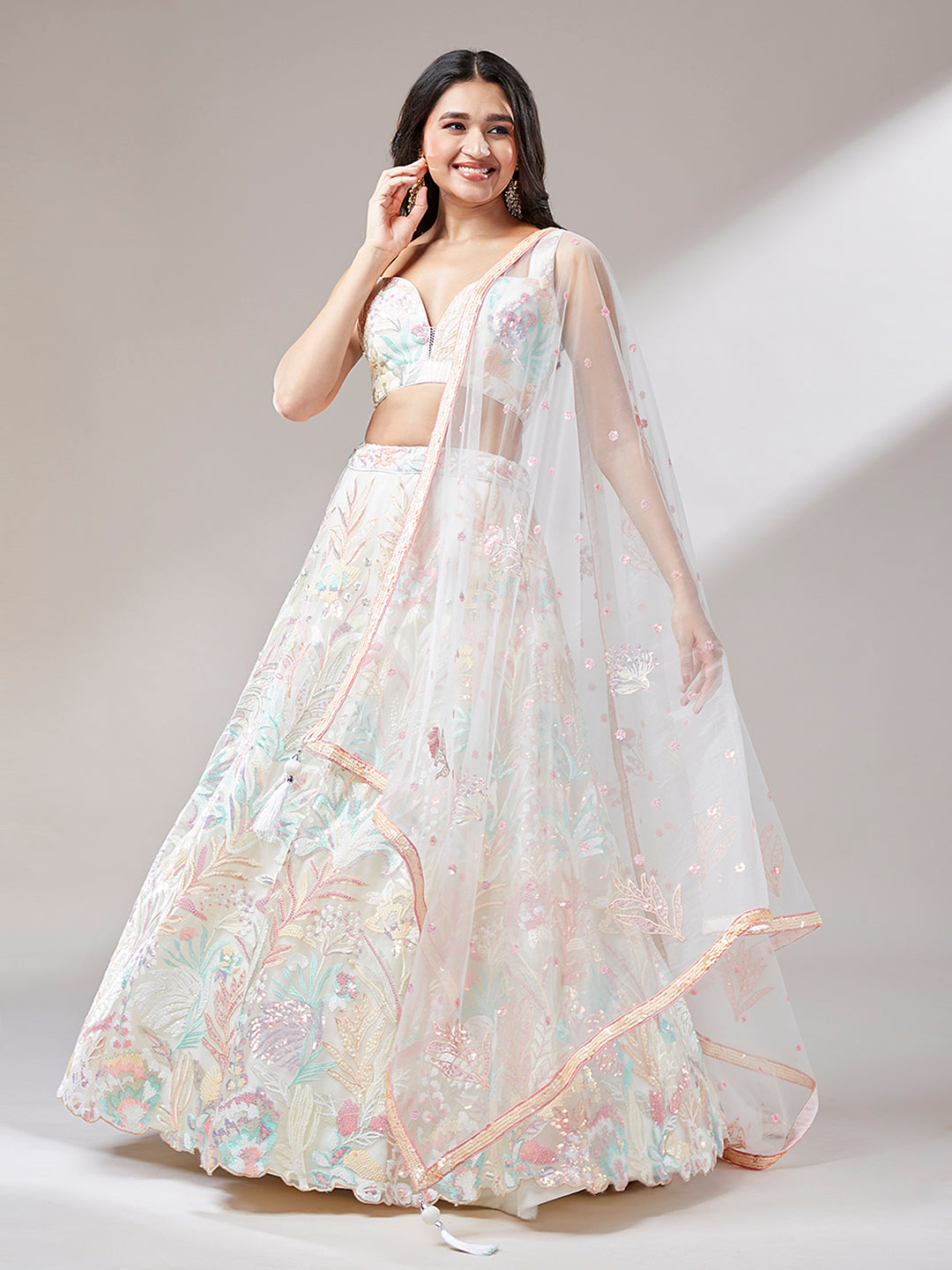 Cream Floral Net Sequin Work Lehenga &amp; Unstitched Blouse with Dupatta

