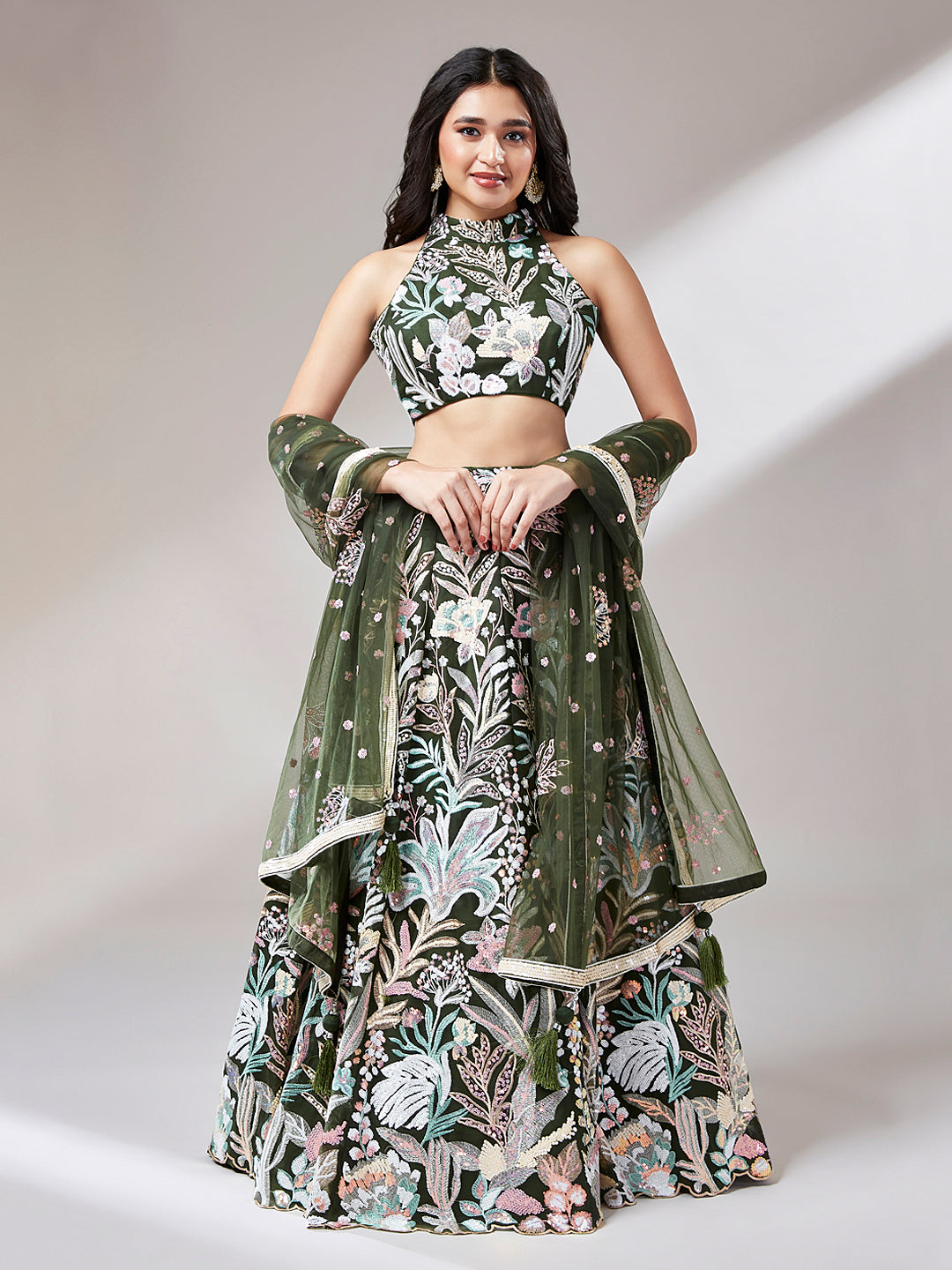 Olive Floral Net Sequin Work Lehenga &amp; Unstitched Blouse with Dupatta