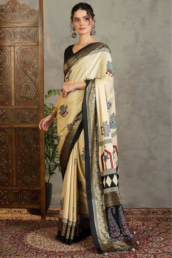 Cream & Black Semi Modal Printed Saree with Gold Zari Border ##color##  with premium fabric and embroidery