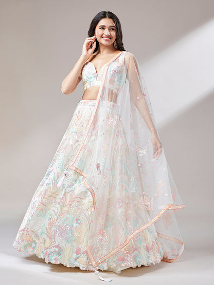 Multicolor sequins on cream lehenga close-up

