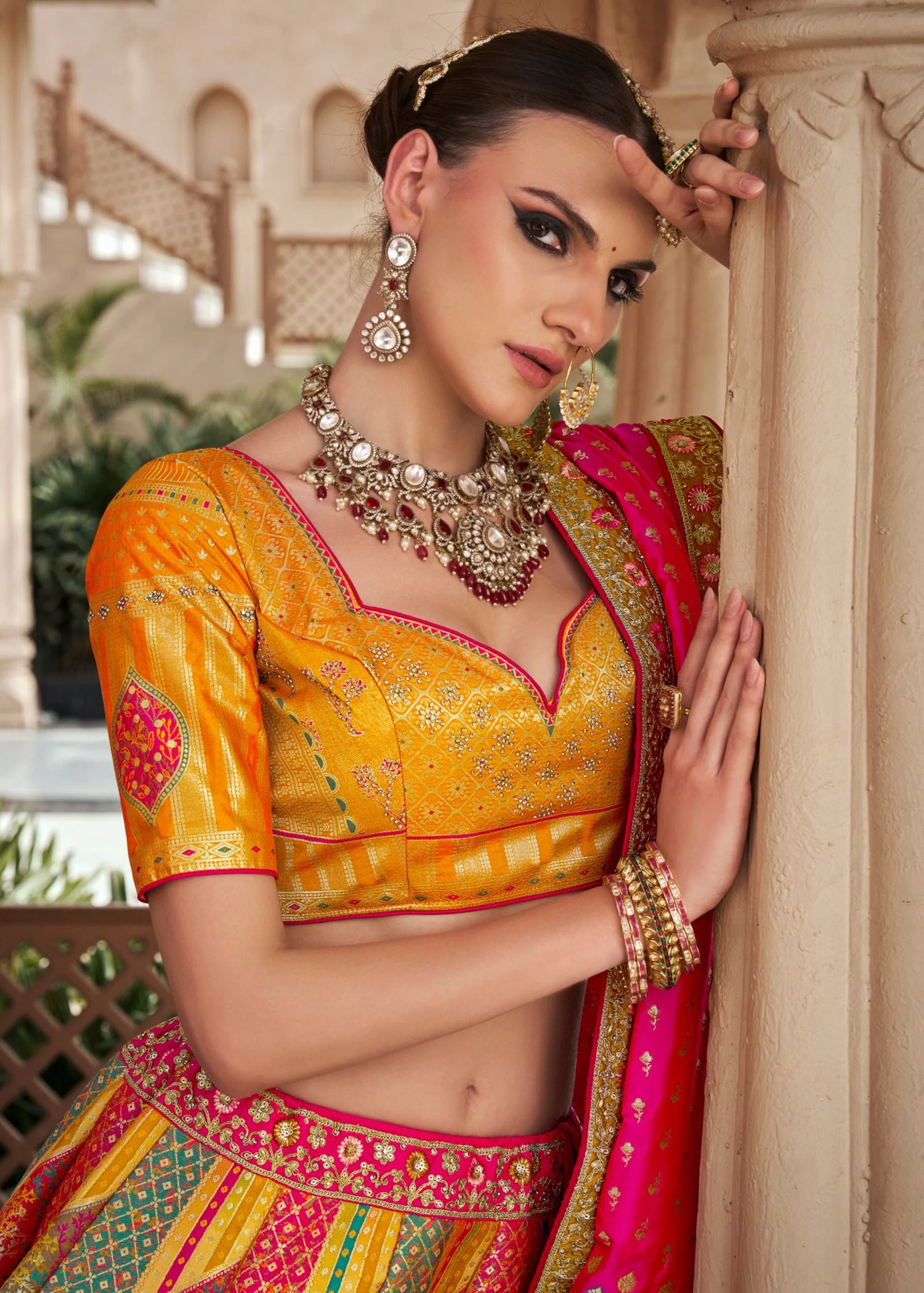 Yellow &amp; Pink Banarasi Silk Lehenga Choli with Zarkan Work