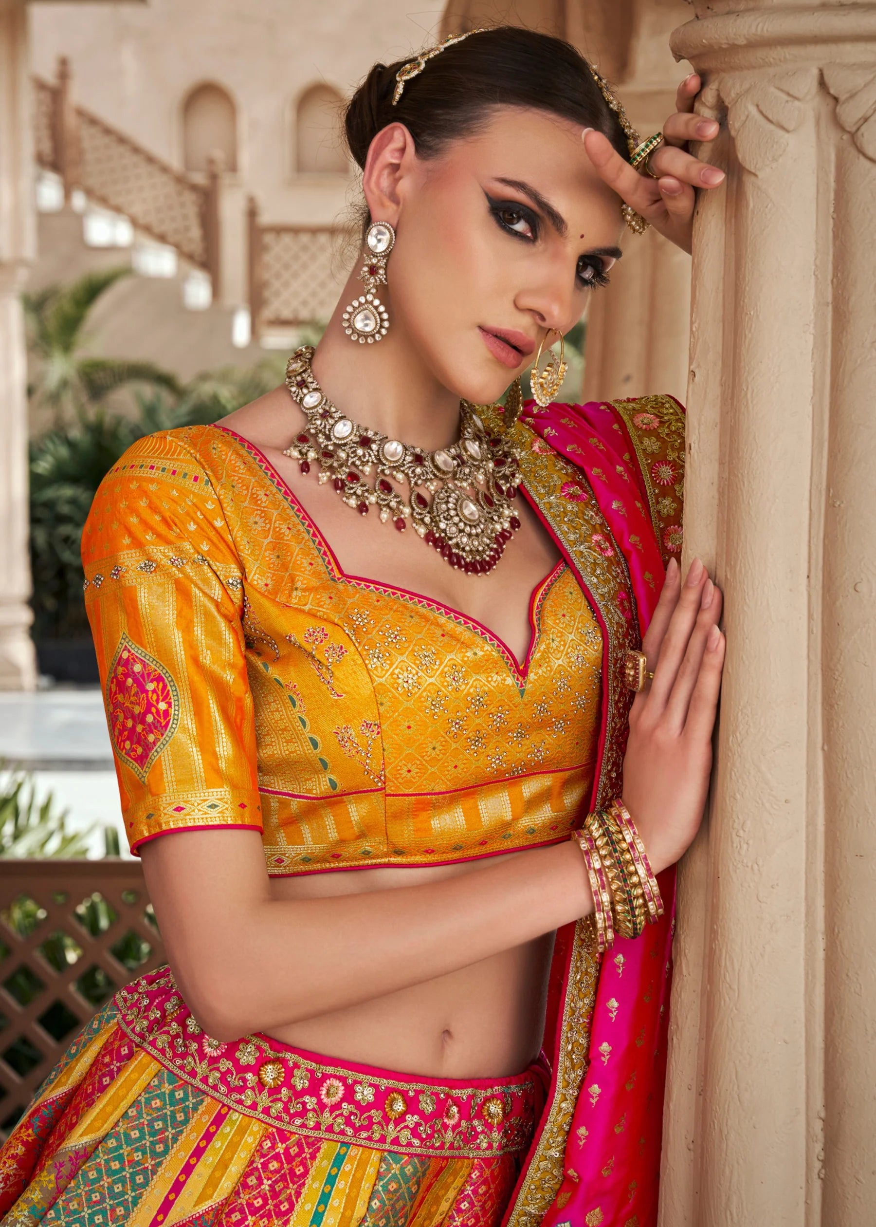 Yellow &amp; Pink Banarasi Silk Lehenga Choli with Zarkan Work