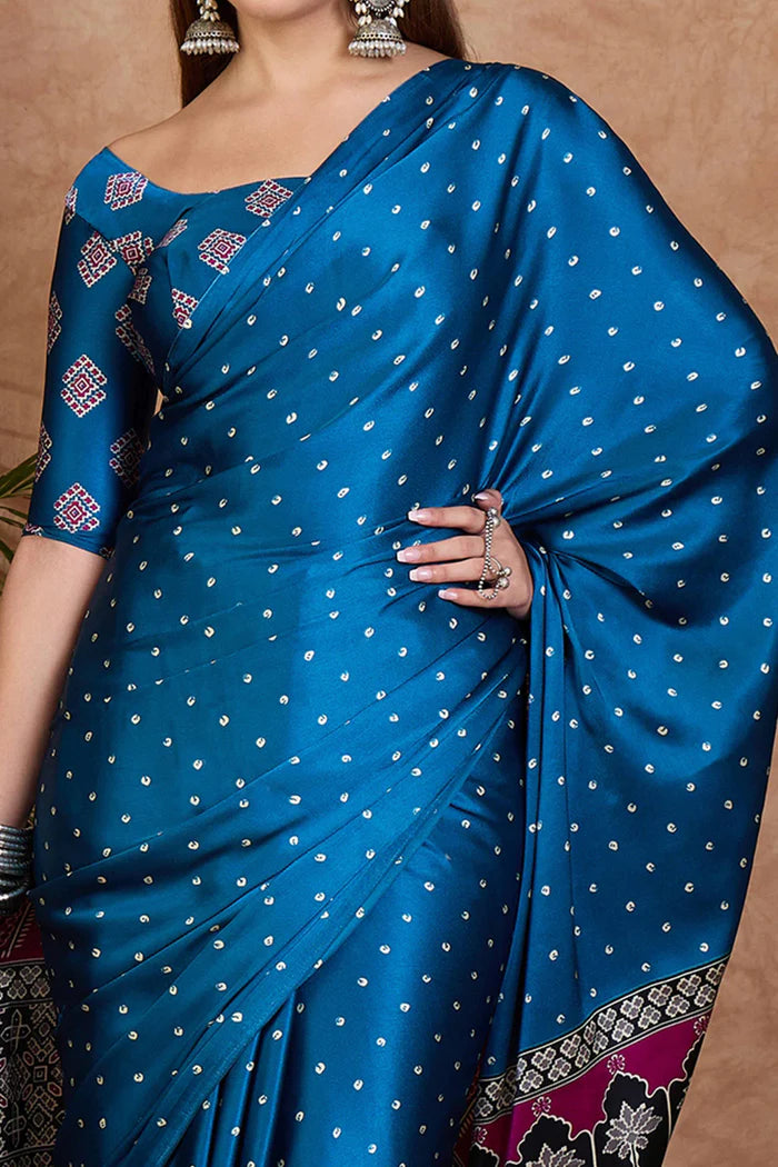 Royal Blue Satin Ajrakh Printed Party Wear Saree with Polka Dot Design 