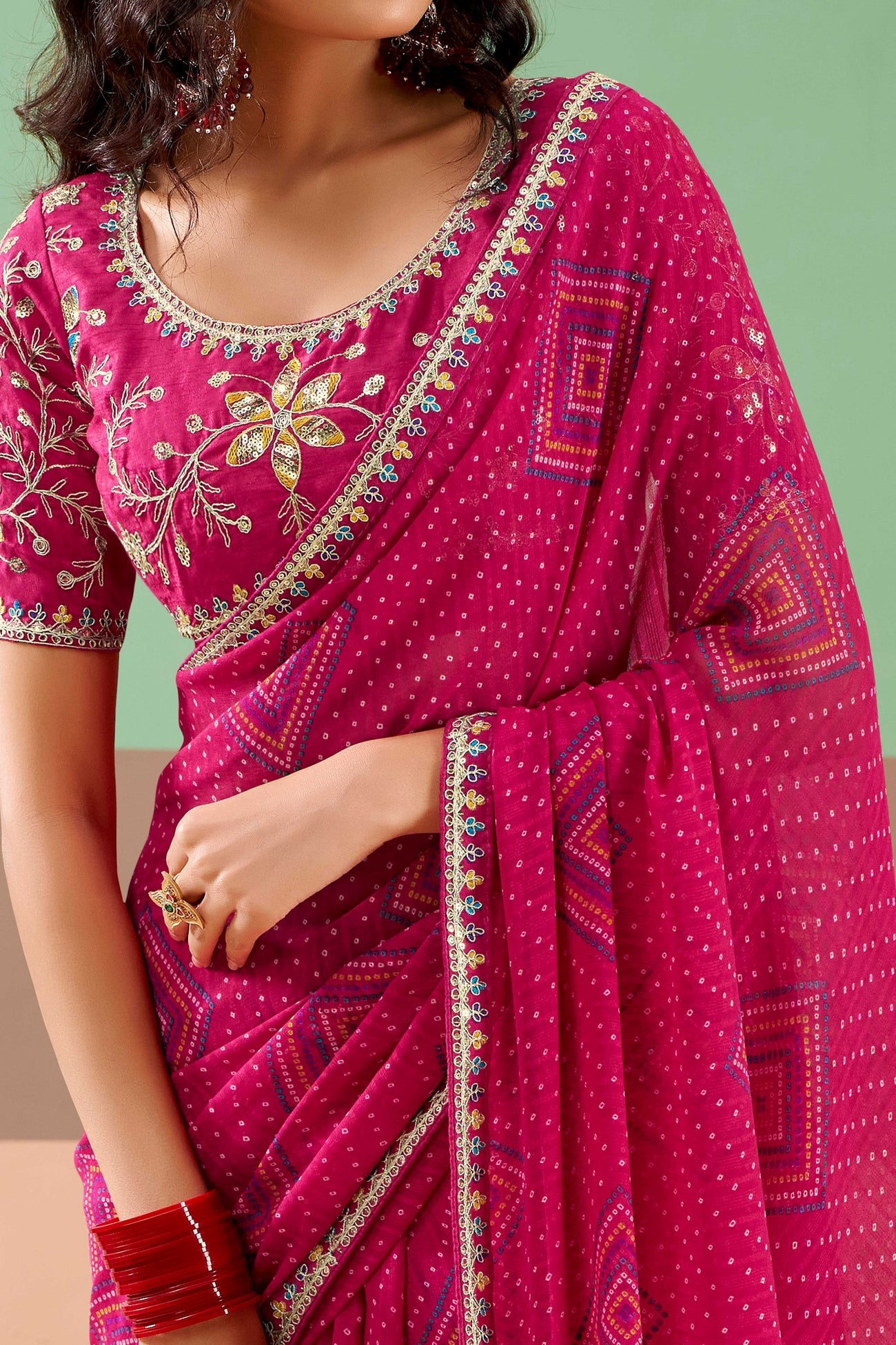 Rani Pink Georgette Festive Saree with Meena Work Border