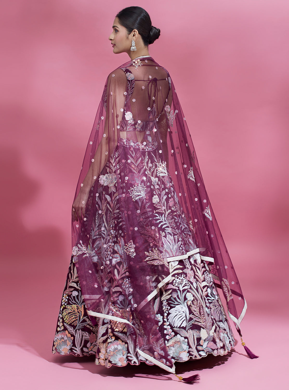 Burgundy Net Sequence Work Floral Lehenga & Blouse with Dupatta