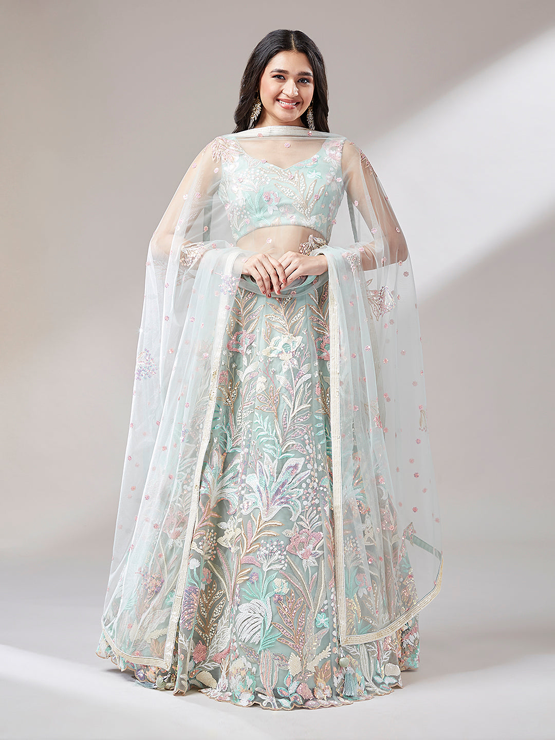 Lime Green Floral Net Sequin Work Lehenga &amp; Unstitched Blouse with Dupatta
