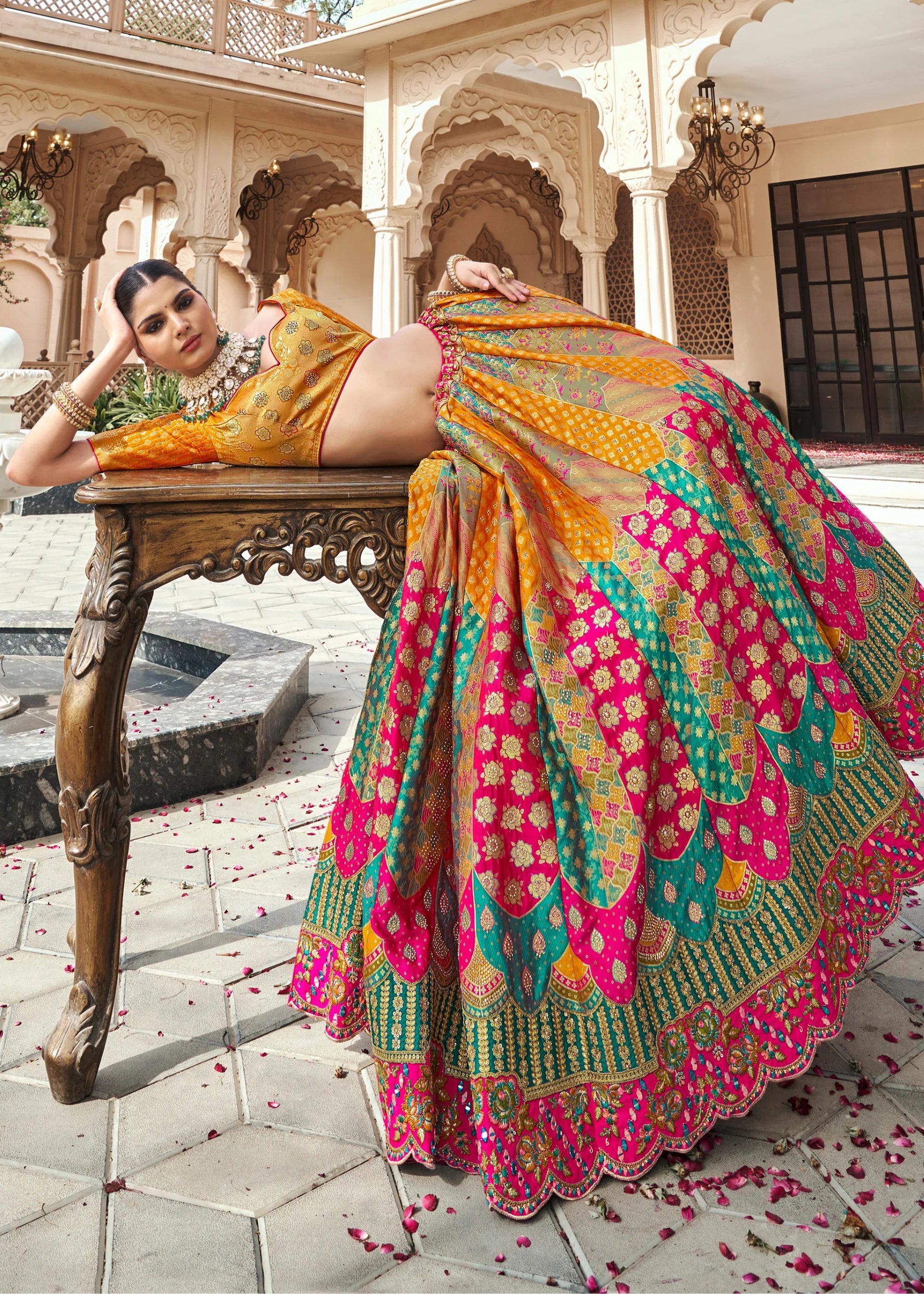 Rani Pink &amp; Yellow Banarasi Silk Lehenga Choli with Zarkan Work