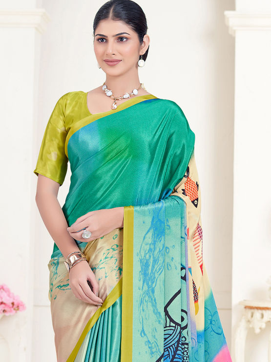 Green Pure Soft Crape With Flower Digital Prints Satin Saree 