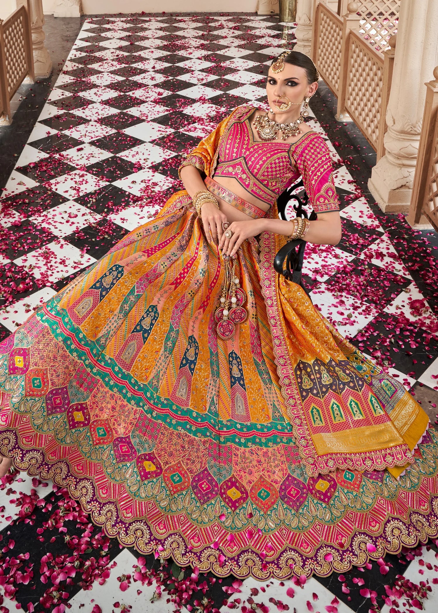 Orange Pink Banarasi Silk Lehenga Choli with Zarkan Work
