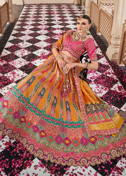 Orange Pink Banarasi Silk Lehenga Choli with Zarkan Work