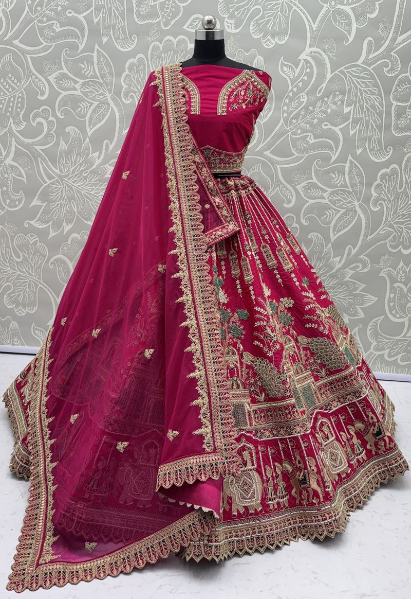 Rasberry Pink Pure Soft Silk Heavy Embroidery Work Bridal Lehenga
