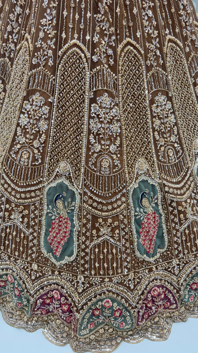 Brown Pure Heavy Net Motif Handwork Zari Sequins Work Bridal Lehenga Choli
