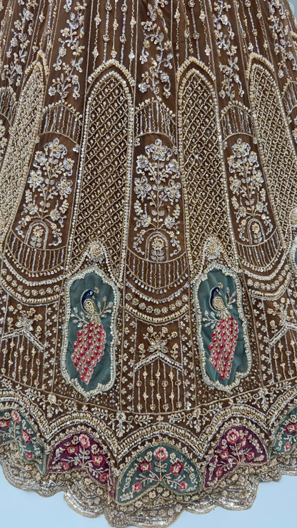 Brown Pure Heavy Net Motif Handwork Zari Sequins Work Bridal Lehenga Choli
