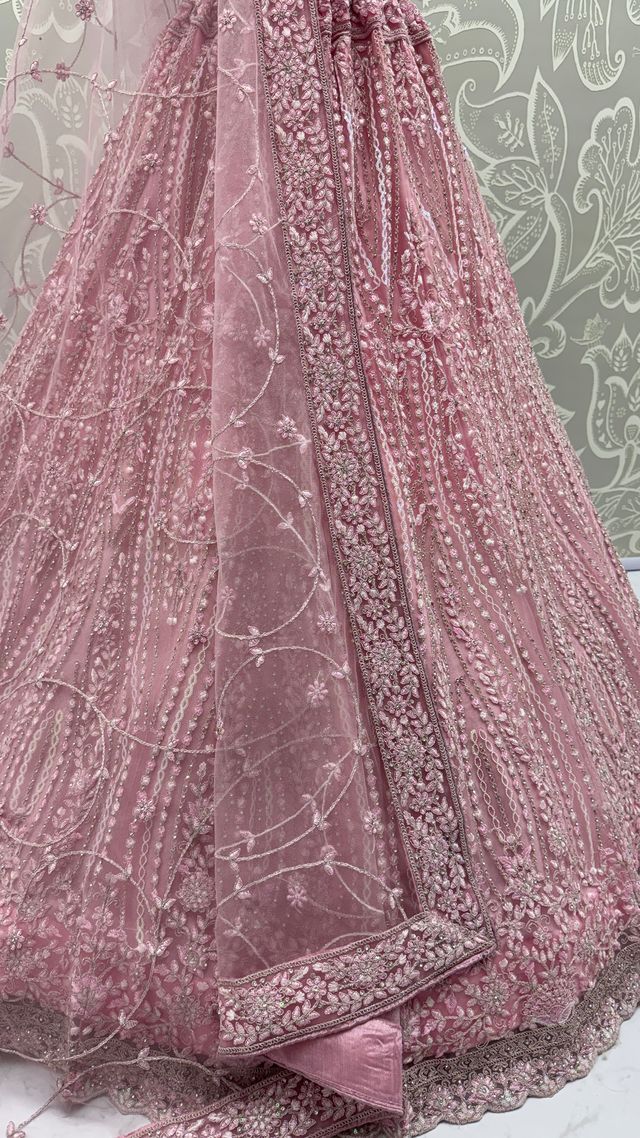 Pink Pure Soft Net Heavy Embroidery Work Bridal Lehenga