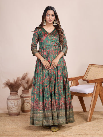Green Pure Silk Blend Kalamkari Anarkali Gown