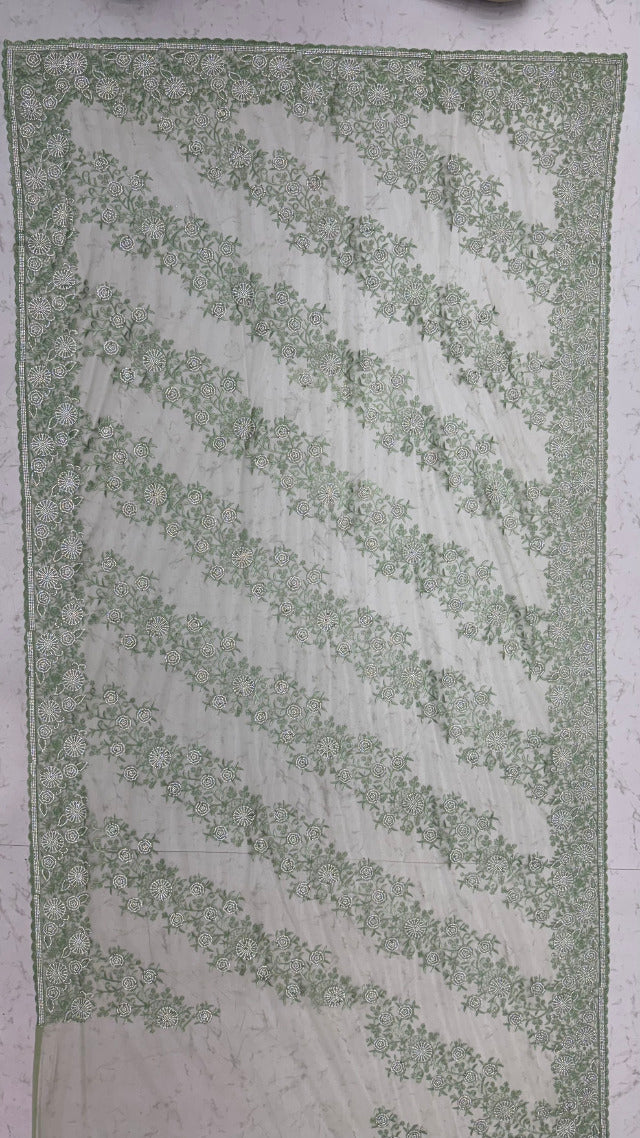 Olive Green Pure Premium Net Handwork Kasti &amp; Motif Zari Metallic Sequins Work Wedding Saree