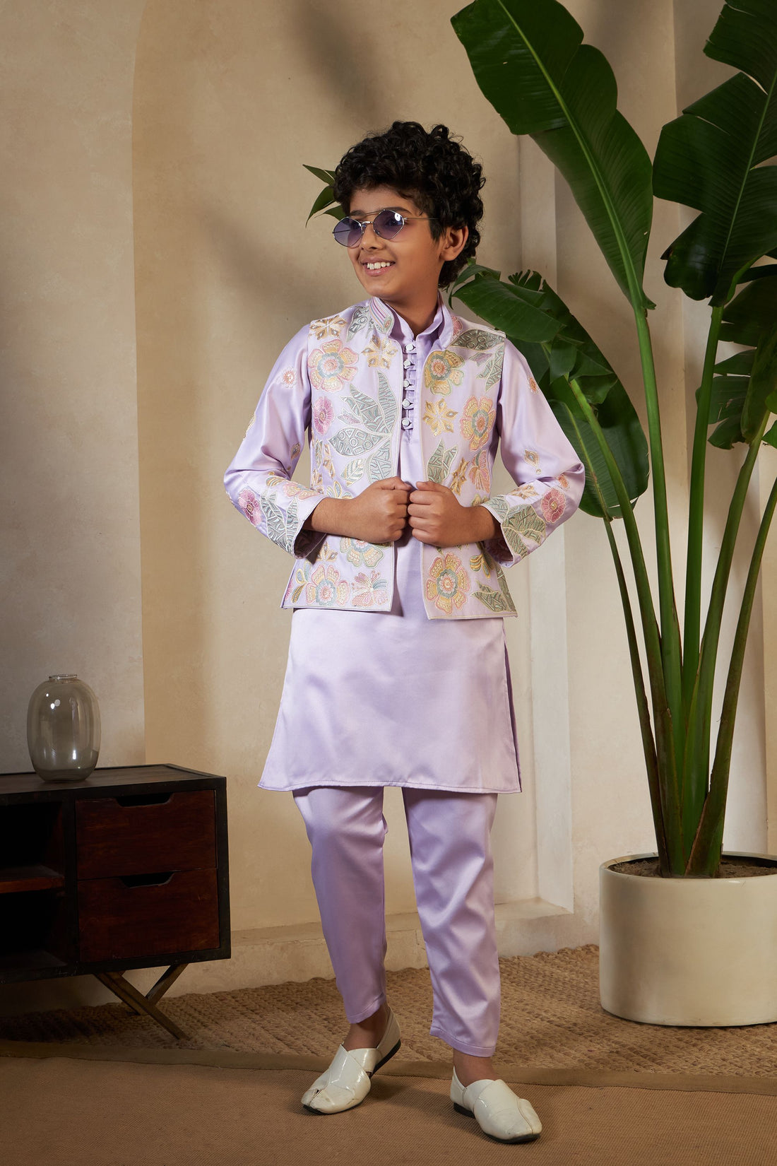 Lavender Pure Satin Silk Kids Boy Kurta Pajama With Koti Jacket 