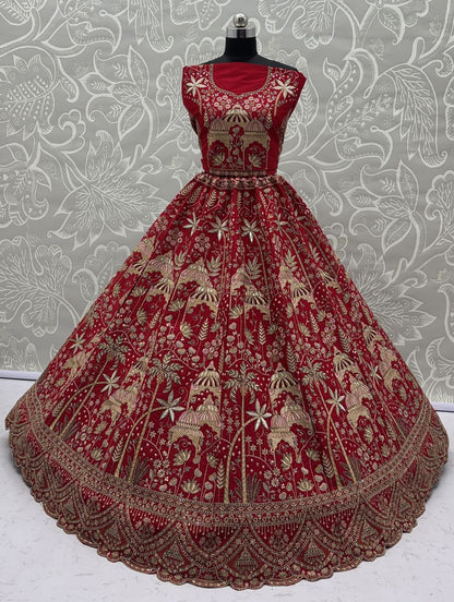 Red Pure Soft Silk Heavy Embroidery Work Bridal Lehenga 