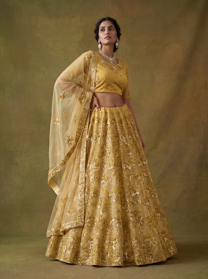 Golden Pure Soft Heavy Net Sequins Embroidery Work Bridal Lehenga Choli 