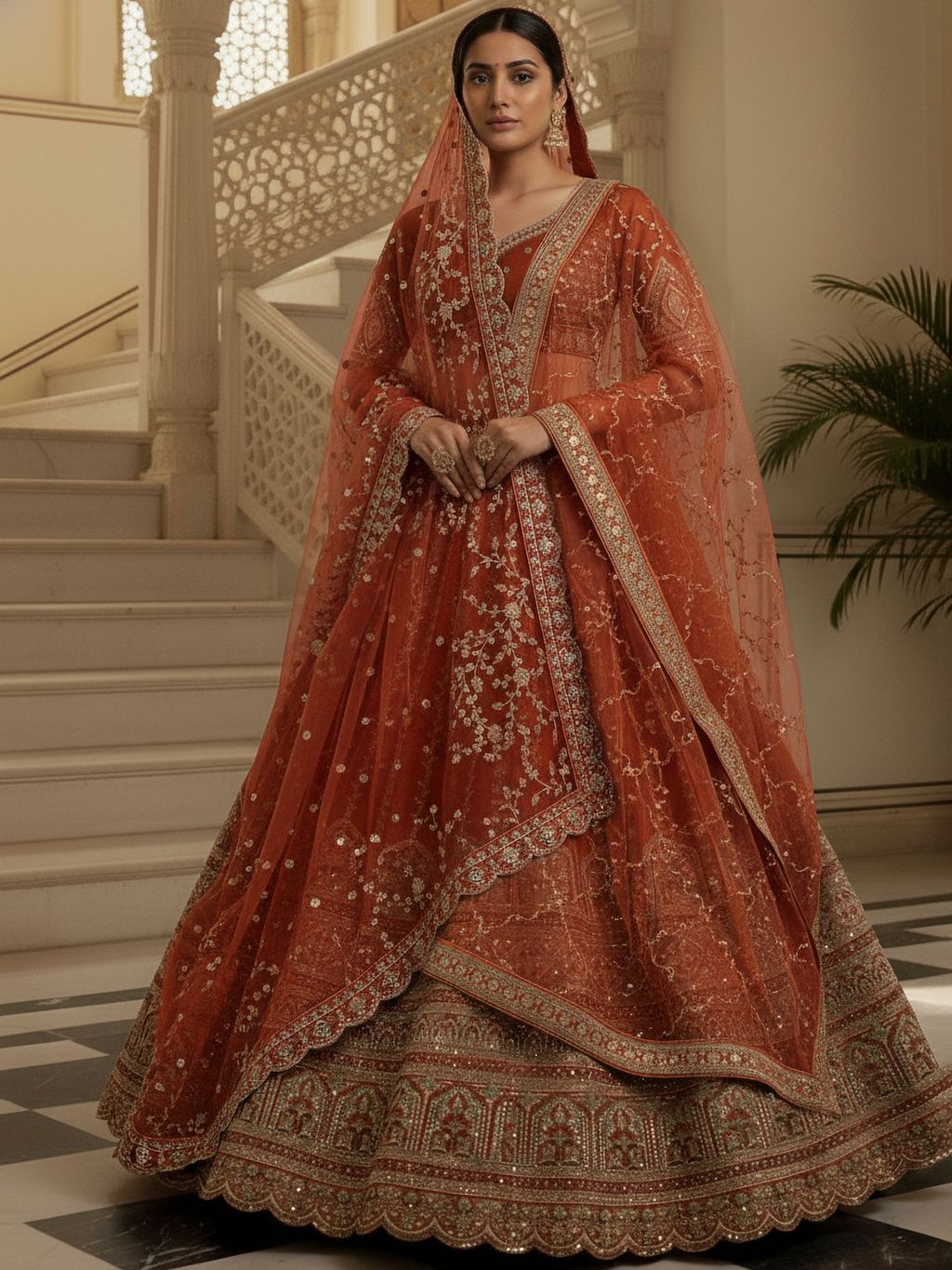 Orange Pure Soft Gadhwal Silk Heavy Embroidery Work Bridal Lehenga