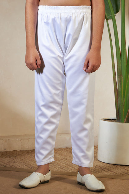 White Pure Satin Silk Kids Boy Kurta Pajama With Koti Jacket 