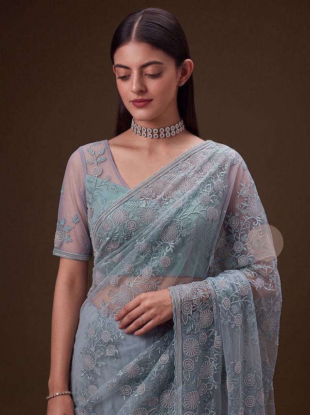 Sky Pure Premium Net Handwork Kasti &amp; Motif Zari Metallic Sequins Work Wedding Saree