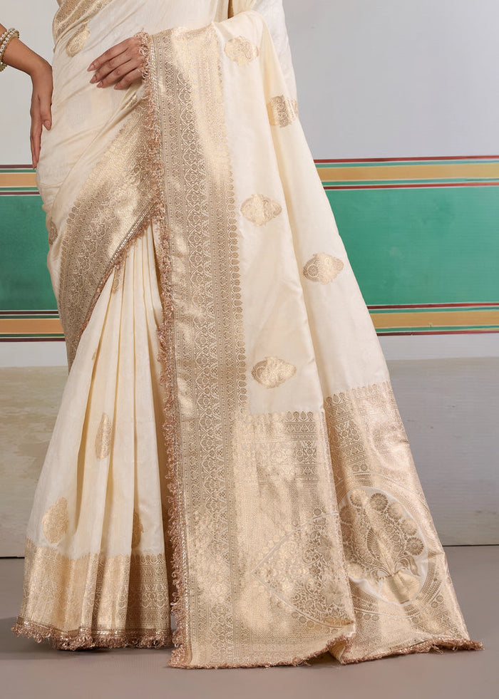 Floral White Woven Banarasi Satin Silk Saree Japan Satin Saree Anant Tex Exports Pvt.Ltd..