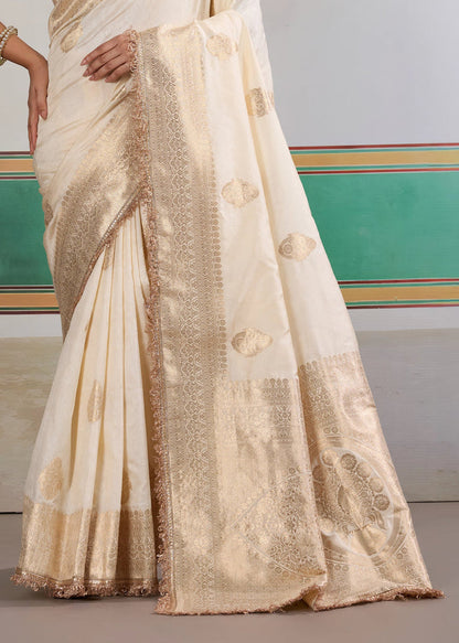 Floral White Woven Banarasi Satin Silk Saree Japan Satin Saree Anant Tex Exports Pvt.Ltd..