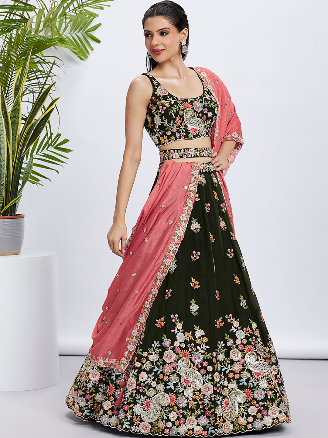 Olive Organza Sequins Thread Embroidery Lehenga Choli &amp; Dupatta
