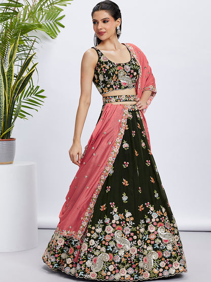 Olive Organza Sequins Thread Embroidery Lehenga Choli &amp; Dupatta