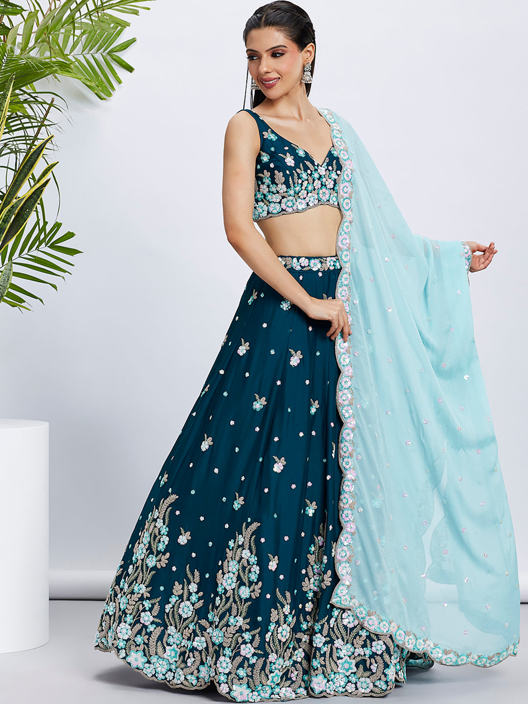 Teal Georgette Sequins &amp; Thread Embroidery Lehenga Choli &amp; Dupatta