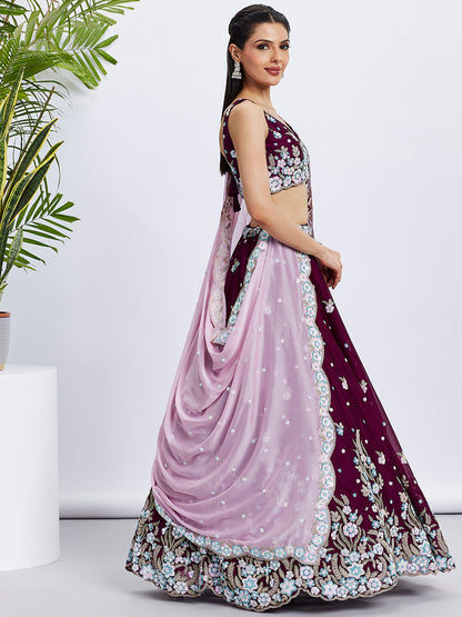 Burgundy Georgette Sequins and Thread Embroidery Lehenga Choli &amp; Dupatta