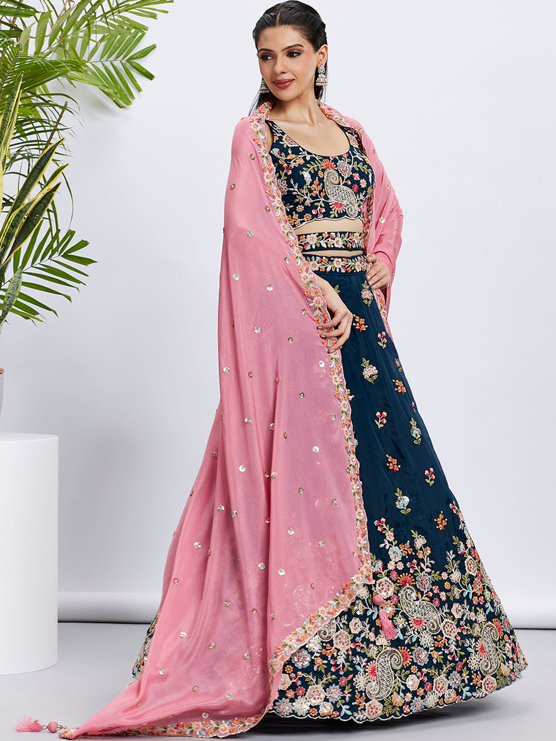 Navy Blue Organza Sequins Thread Embroidery Lehenga Choli &amp; Dupatta